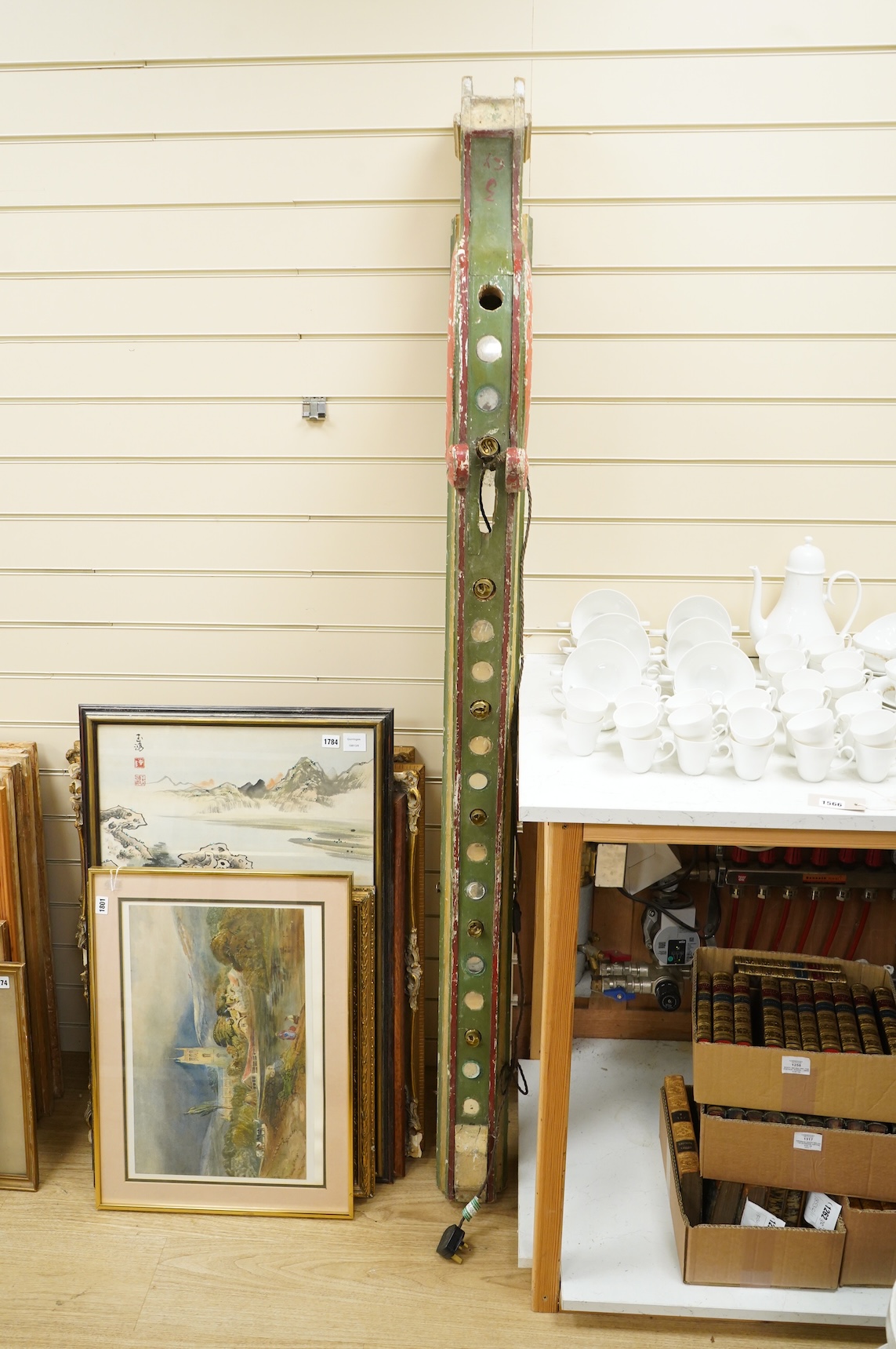 A painted wood carousel rail with light fittings, 185cm high